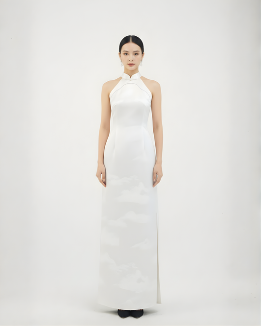 White Jacquard Qipao with Landscape Motif 雪映山影白色提花旗袍