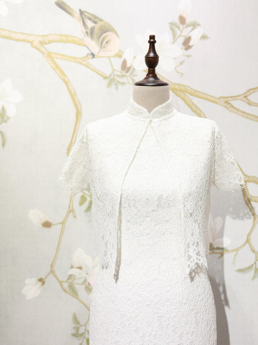 White Lace Heart Cutout Qipao Set 白色蕾絲心形鏤空旗袍套裝