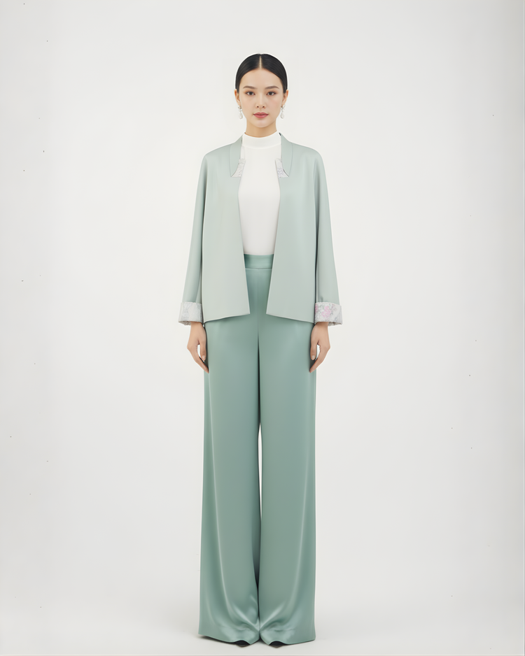 Moss Green Jacket with Nishijin Weave Panels 豆沙綠西陣織拼接外套