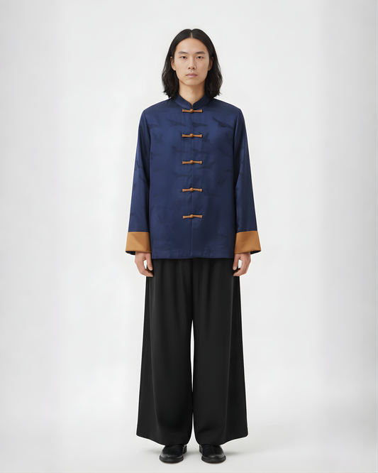 Blue Brocade Tang Jacket with Crane Motif 藍色提花仙鶴暗紋唐裝