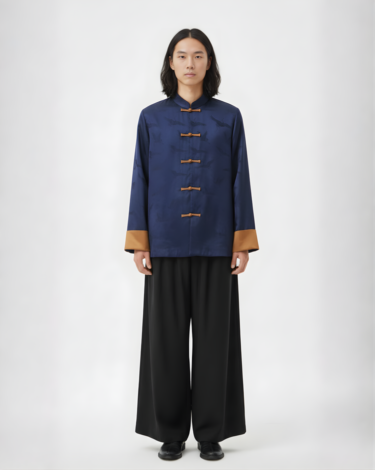 Blue Brocade Tang Jacket with Crane Motif 藍色提花仙鶴暗紋唐裝