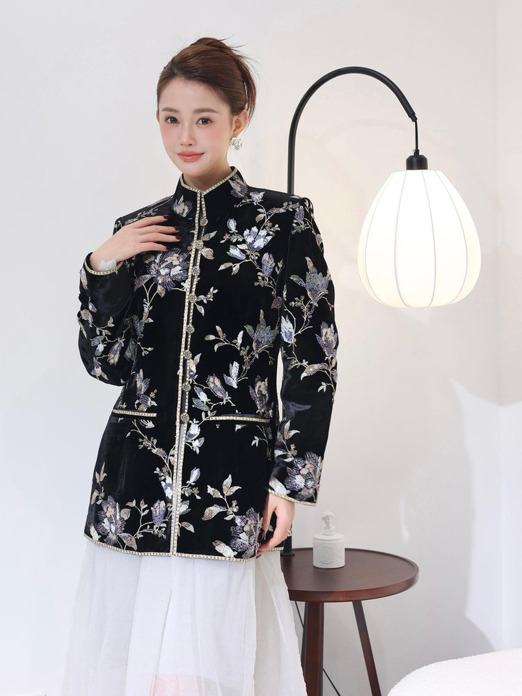 Black Velvet French Embroidered Jacket 黑色天鹅绒法式刺绣夹克