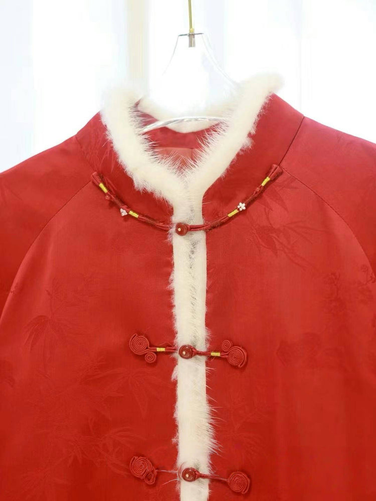 Red Silk Jacquard Mink-Trimmed Quilted Jacket 紅色夾棉真絲提花水貂毛外套