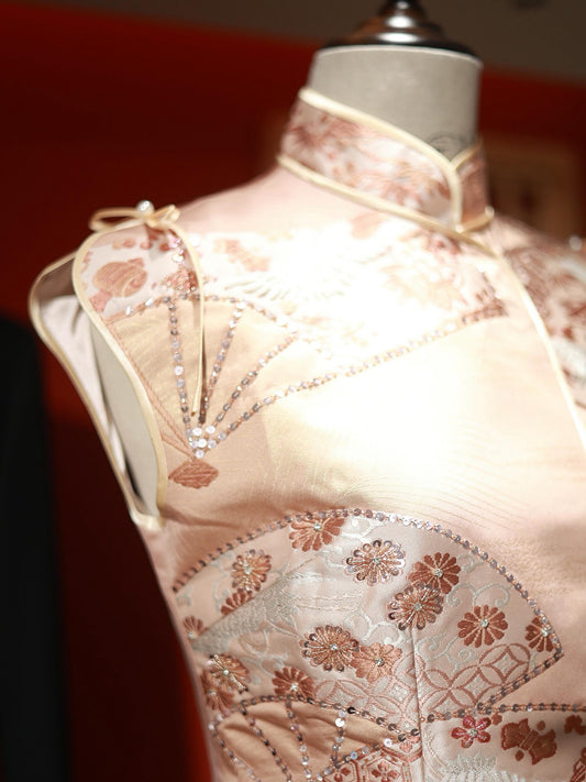 Pink Nishijin Brocade Fan-Pattern Qipao (Exclusive Piece) 淺粉西陣織扇紋旗袍(孤品)