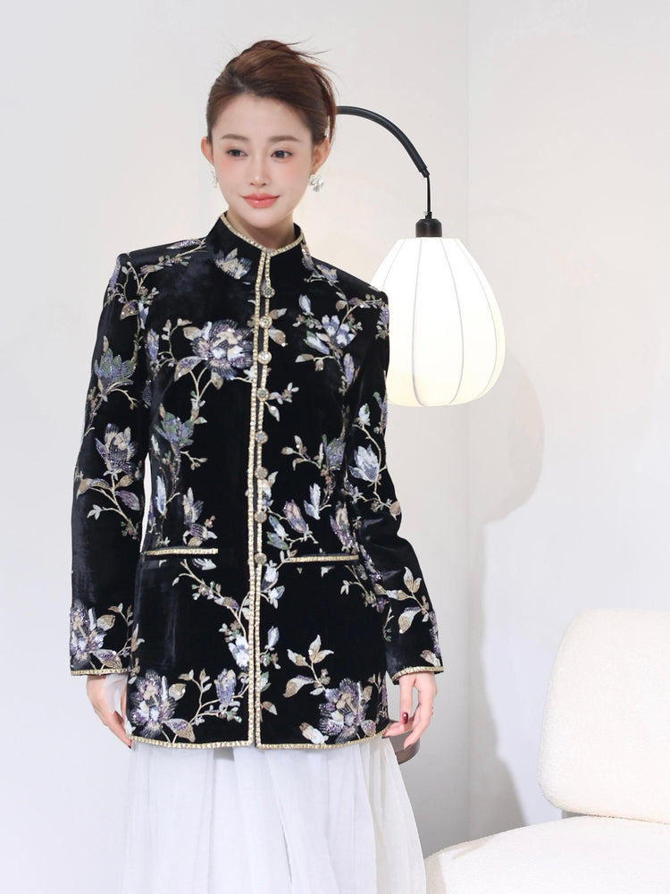 Black Velvet French Embroidered Jacket 黑色天鹅绒法式刺绣夹克