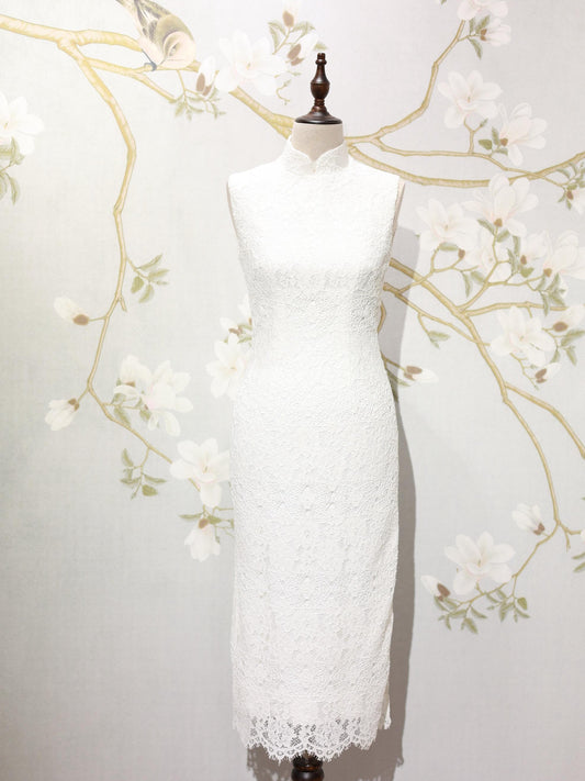 White Lace Heart Cutout Qipao Set 白色蕾絲心形鏤空旗袍套裝