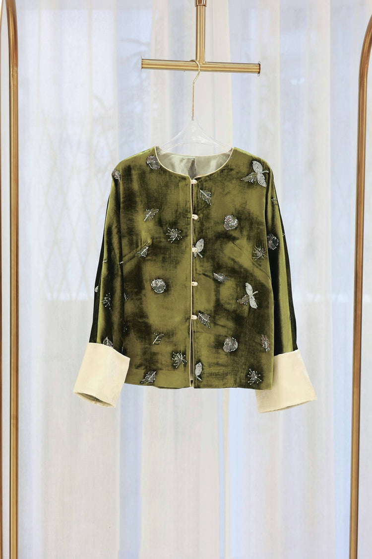 Olive Green Velvet French Embroidered Turn-Up Sleeve Jacket 橄欖綠絲絨法式刺繡翻袖外套