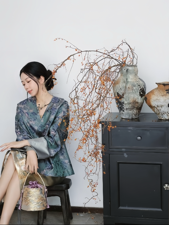 Song Brocade Purple-Blue Floral Jacket 宋錦紫青繁花外套