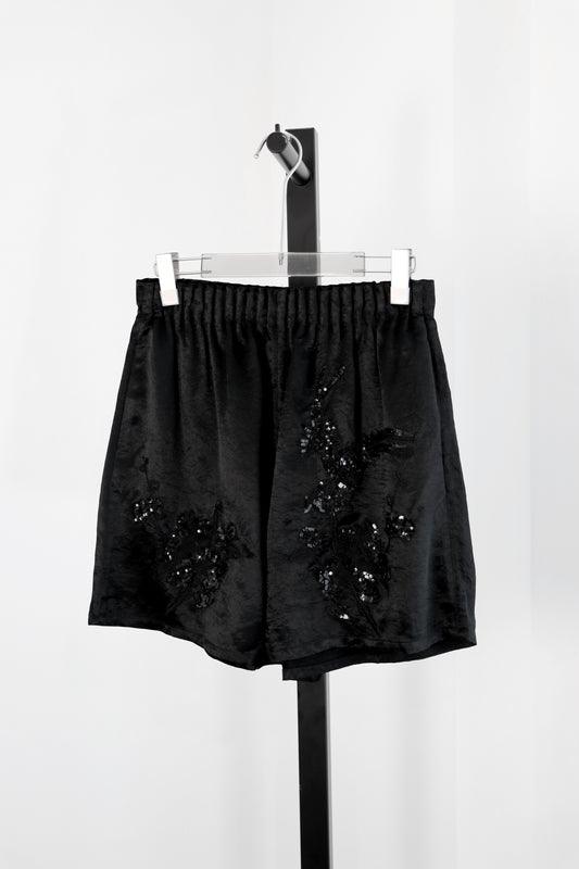 Silken Echo Shorts with Embroidered Birdsong 繡影雀語真絲短褲