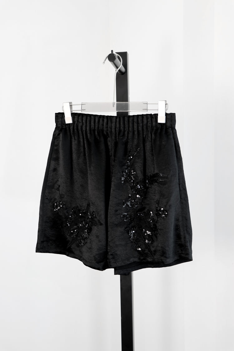 Silken Echo Shorts with Embroidered Birdsong 繡影雀語真絲短褲