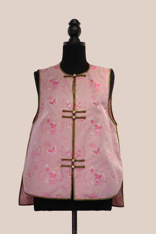 Pink Blossom Huamei Vest 粉花蝶舞花緞馬甲