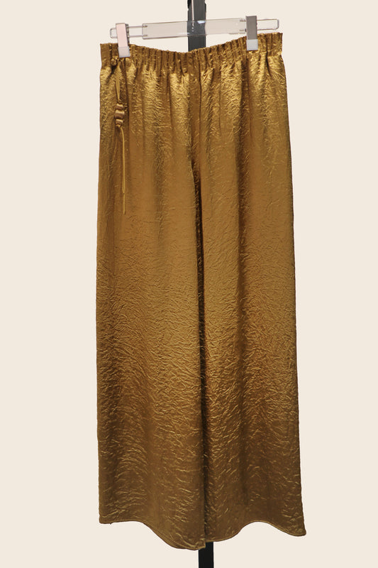 Golden Silk Wide-Leg Trousers with Tassel Drawstring 香檳金真絲流蘇綁繩長褲