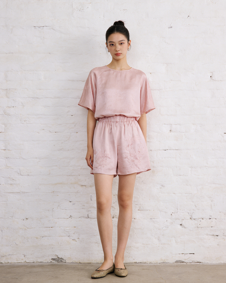 Silken Echo Shorts with Embroidered Birdsong 繡影雀語真絲短褲
