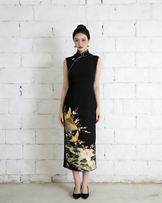 Cranes in Shadow Black & Gold Silk Qipao (Exclusive Piece) 鶴影·黑金正絹旗袍（孤品）