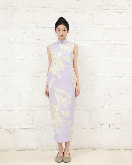 Lavender Silk Brocade Mandarin Collar Qipao 薰衣草織錦緞立領旗袍