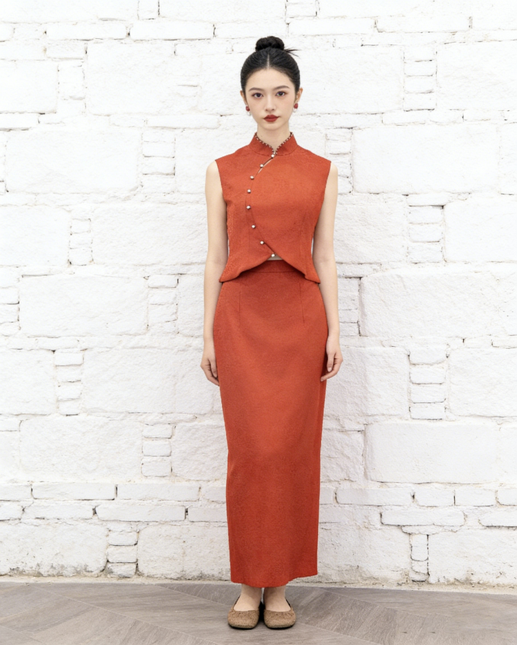 Vermilion Silk Jacquard New Chinese Style Set 朱砂真絲提花新中式套裝