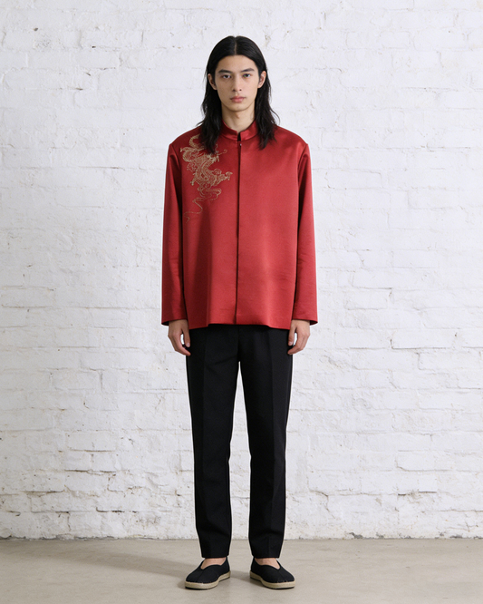 Red Silk Tang Jacket with Golden Dragon Embroidery 紅色真絲金龍刺繡唐裝