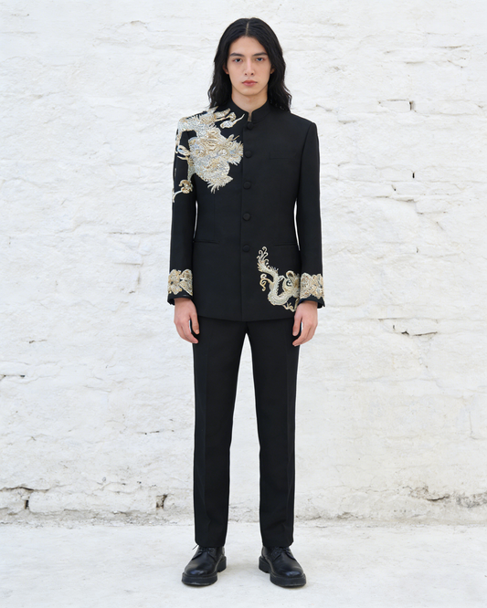 Black Mandarin Jacket with Gold Embroidered Auspicious Dragon 玄黑金繡祥龍中山裝