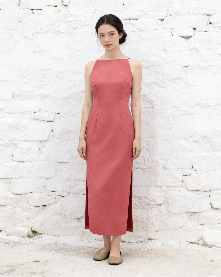 Peony Mist – Pink Silk Jacquard Dress 牡丹煙霞・粉紅真絲提花連衣裙