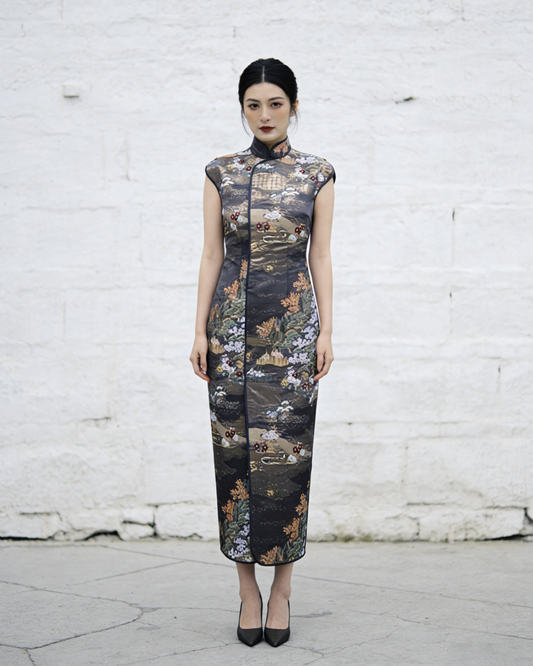 Grey Nishijin Brocade Qipao (Exclusive Piece) 灰色繁花西陣織旗袍（孤品）