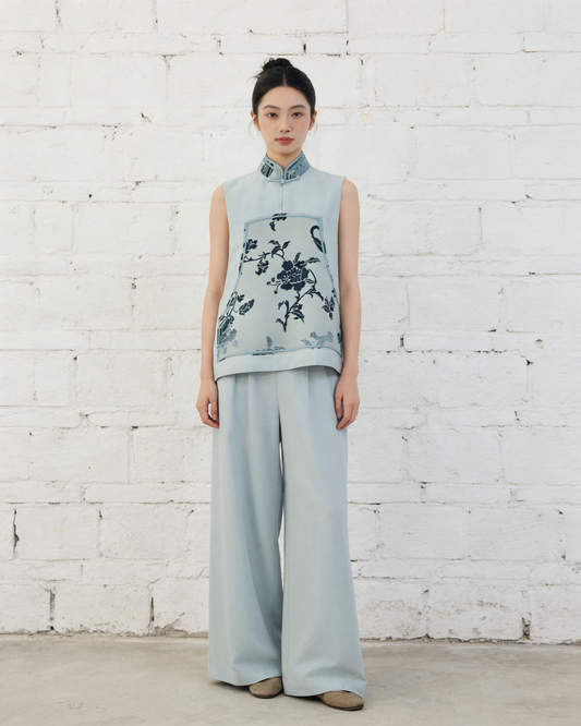 Aqua Blue Silk-Blend Zhang Velvet Vest 水藍絲毛漳絨馬甲
