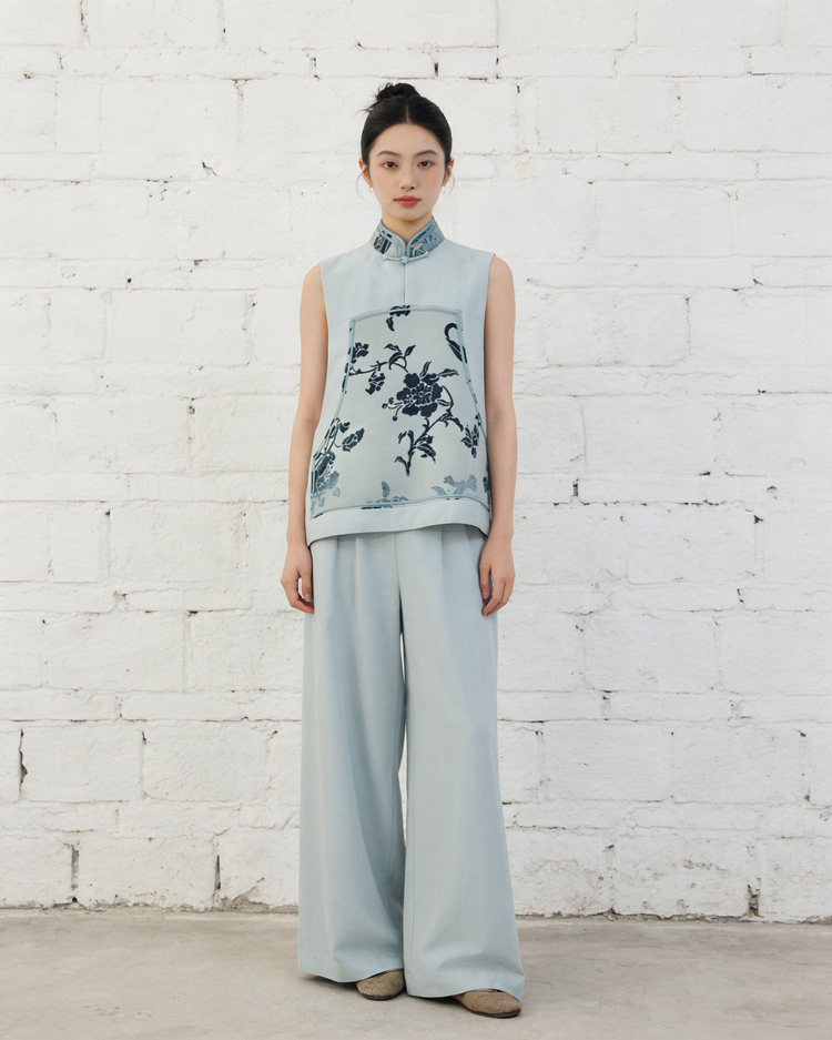 Aqua Blue Silk-Blend Zhang Velvet Vest 水藍絲毛漳絨馬甲