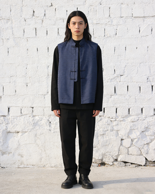 Dark Blue Cloud Fan Brocade Vest 深藍雲扇紋提花馬甲