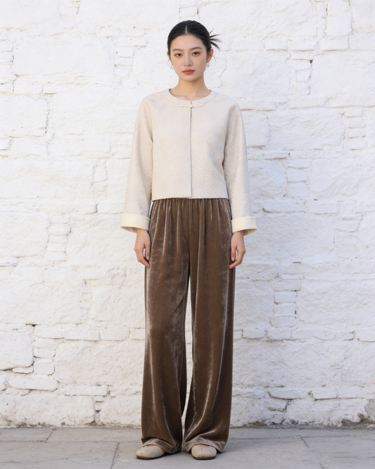 Cream Jacquard Satin Turn-Up Sleeve Jacket 奶白提花緞面翻袖外套