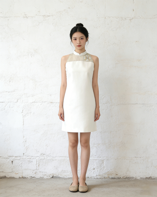 Golden Silk Embroidery Sheer White Short Qipao 金絲繡手繡紗白色短旗袍