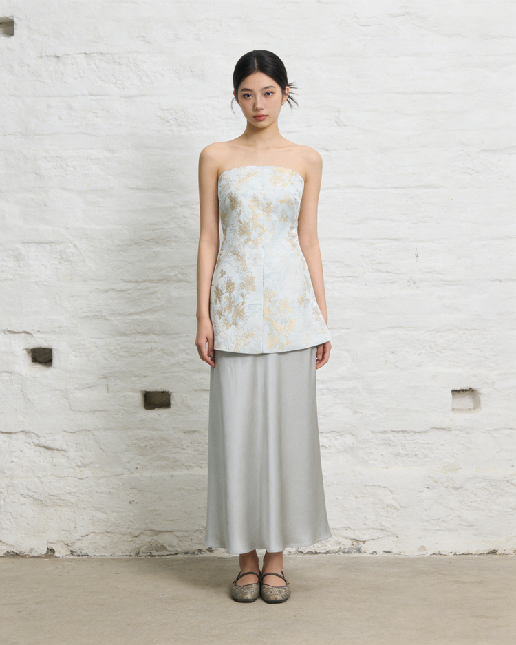 Strapless Silk Jacquard Top in Silver Blue 銀藍真絲提花抹胸上衣