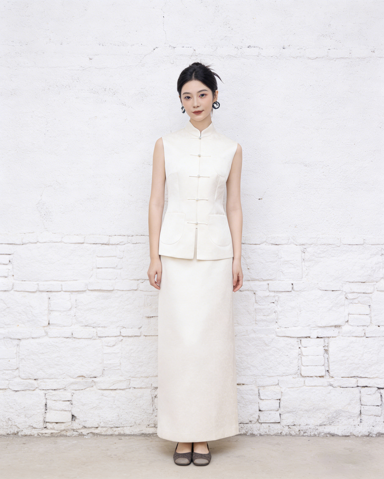 Ivory Silk Jacquard Vest Set 象牙白真絲提花馬甲套裝