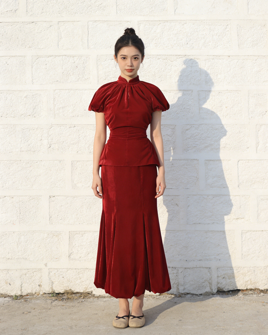 Burgundy Velvet Modern Qipao 酒红天鹅绒改良旗袍