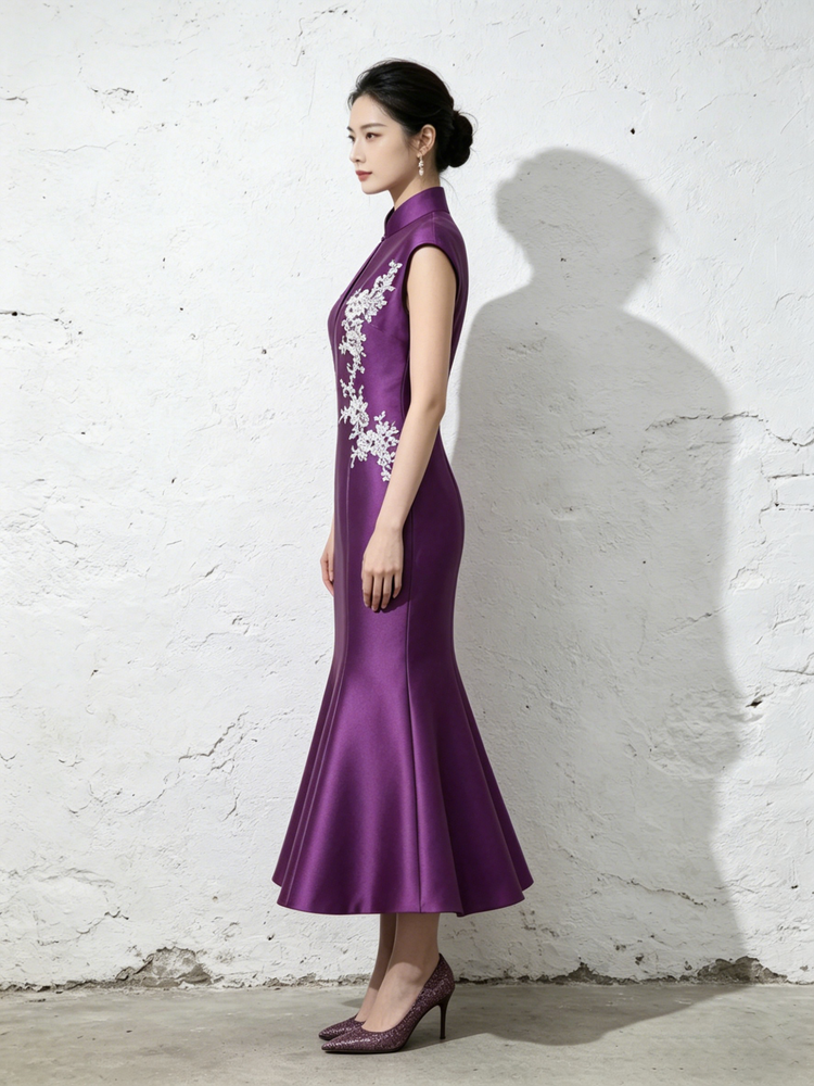 Deep Violet Mermaid Evening Gown with 3D Embroidery 立體刺繡深紫魚尾晚禮裙