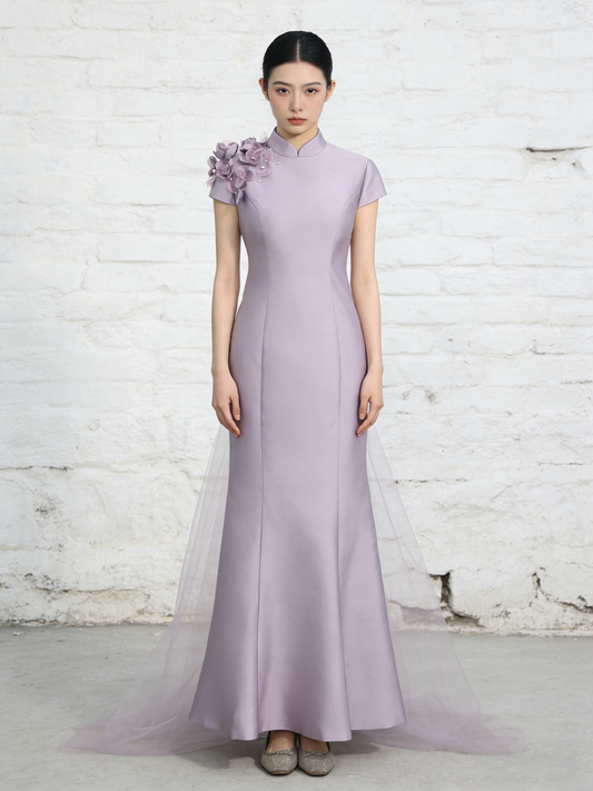 Taro Lilac 3D Floral Backless Tulle Train Gown 香芋紫立體花露背紗拖尾禮服