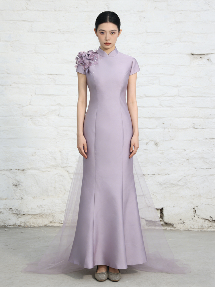 Taro Lilac 3D Floral Backless Tulle Train Gown 香芋紫立體花露背紗拖尾禮服
