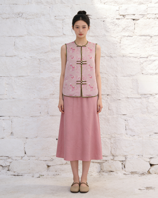 Pink Blossom Huamei Vest 粉花蝶舞花緞馬甲
