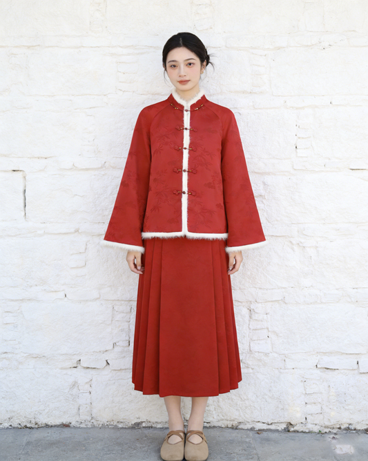 Red Silk Jacquard Mink-Trimmed Quilted Jacket 紅色夾棉真絲提花水貂毛外套