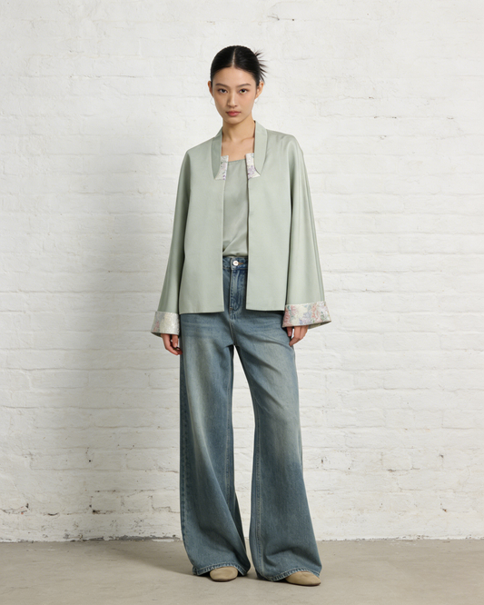Moss Green Jacket with Nishijin Weave Panels 薄荷綠西陣織拼接外套