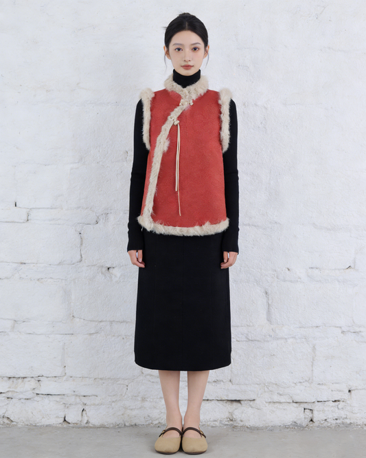 Red Silk Asymmetrical Vest 紅色正絹斜襟馬甲