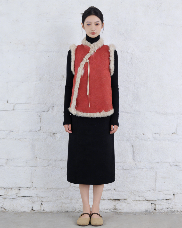 Red Silk Asymmetrical Vest 紅色正絹斜襟馬甲