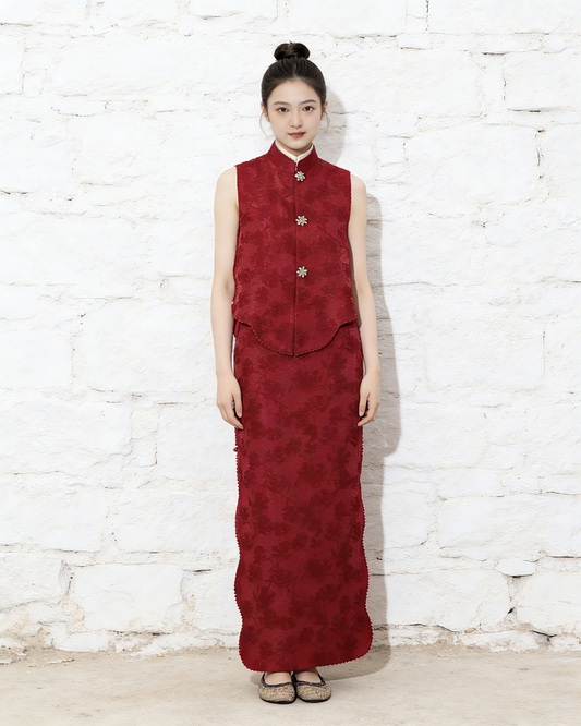 Crimson Silk Jacquard Set 緋霞真絲提花新中式套裝