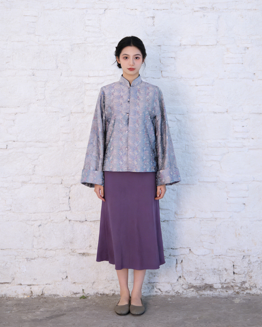 Silver-Lavender Song Brocade Jacket with Mandarin Collar 銀紫宋錦立領織花外套