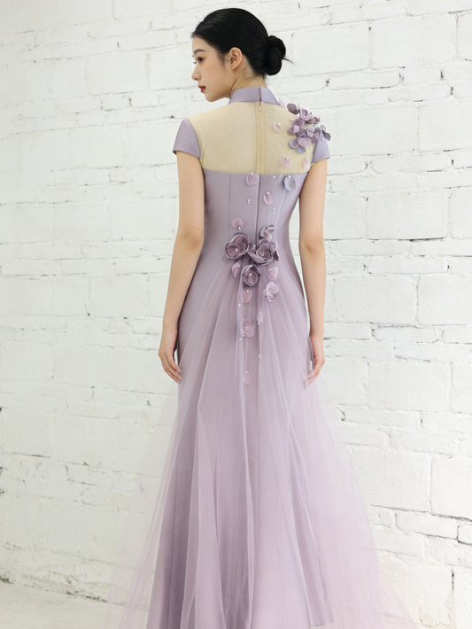 Taro Lilac 3D Floral Backless Tulle Train Gown 香芋紫立體花露背紗拖尾禮服