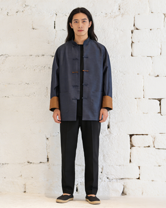 Navy Blue Twin Cocoon Silk Contrast Trim Tang-Style Jacket 深藍色雙宮綢撞色翻袖唐裝外套