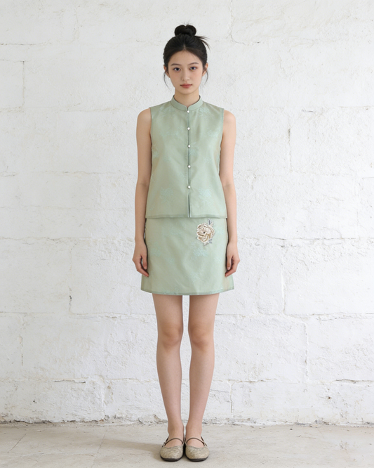 Mint Green Hand-Embroidered Sheer Sleeveless Set (Exclusive Piece) 薄荷綠手繡紗無袖套裝(孤品)
