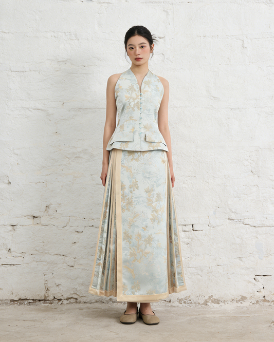Gold-Blue Silk Jacquard Halter Vest 金藍真絲提花掛脖馬甲