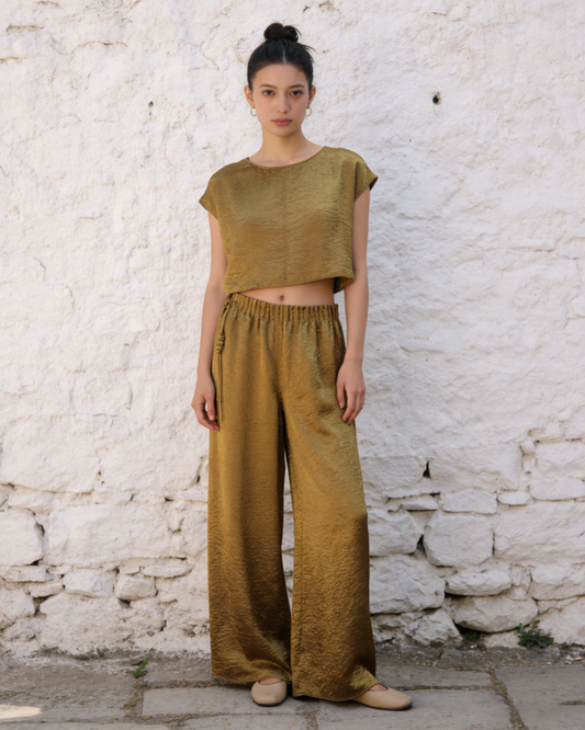 Golden Silk Wide-Leg Trousers with Tassel Drawstring 香檳金真絲流蘇綁繩長褲