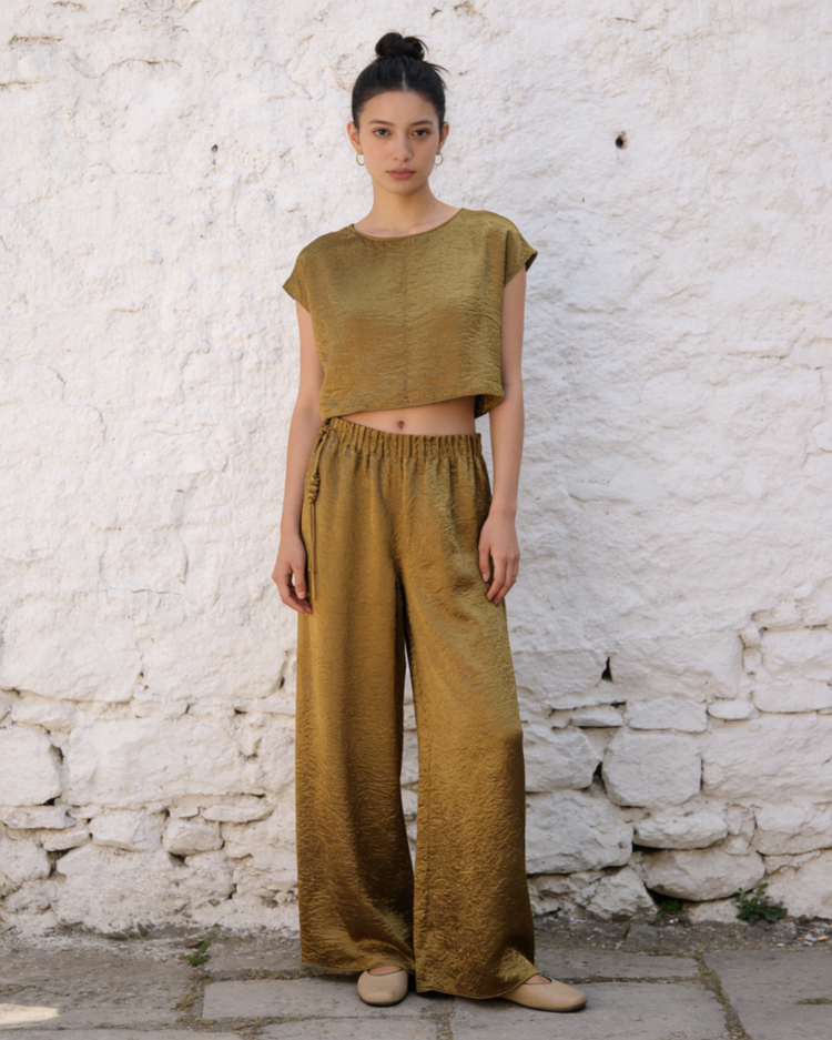 Golden Silk Wide-Leg Trousers with Tassel Drawstring 香檳金真絲流蘇綁繩長褲