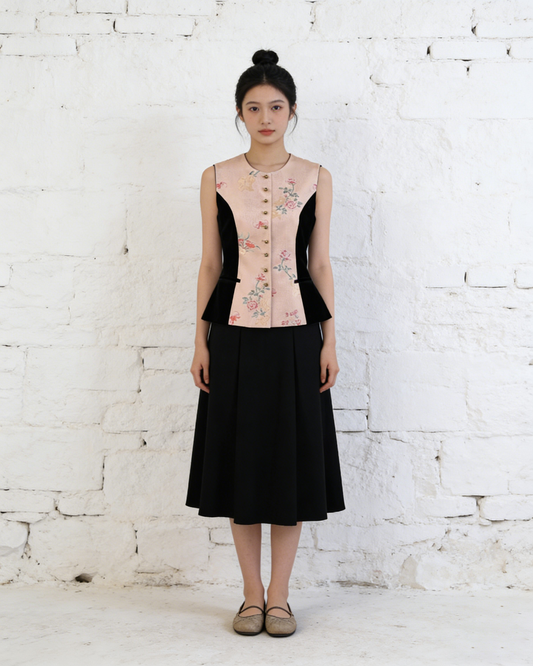 Pink Floral Song Brocade & Velvet Vest 粉黛流芳宋錦絲絨馬甲