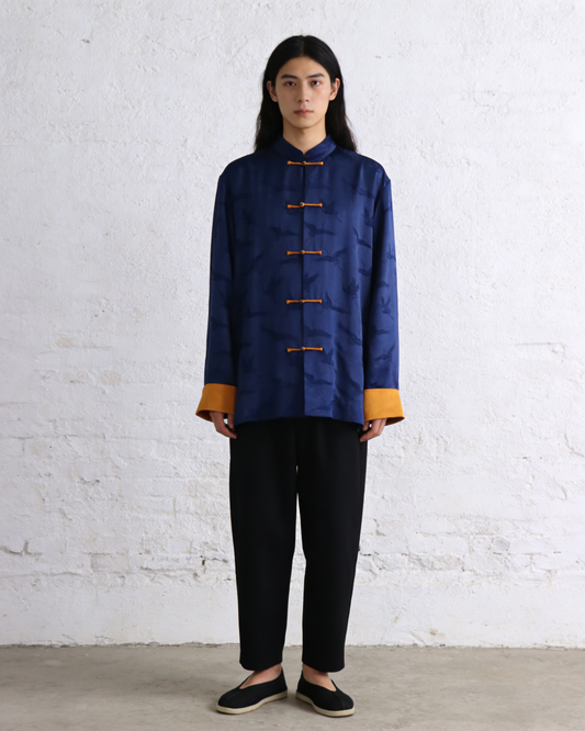 Blue Brocade Tang Jacket with Crane Motif 藍色提花仙鶴暗紋唐裝